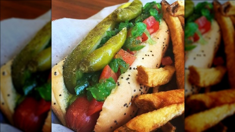 Hot dog with pickles, tomatoes in poppyseed bun next to fries