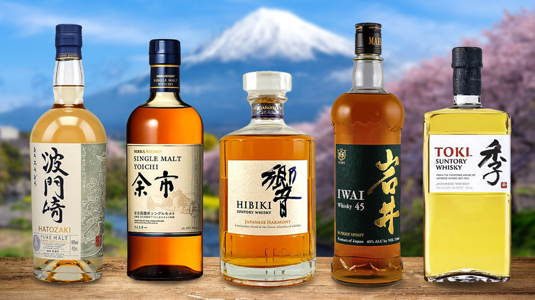 Whisky bottles in Japanese scenery