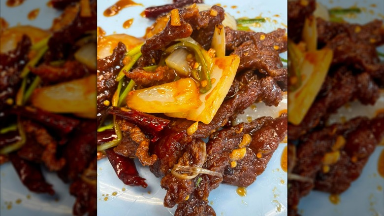A close-up of Mongolian beef at Mimi's Kitchen