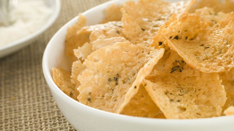 Close up of bowl of Parmesan crisps