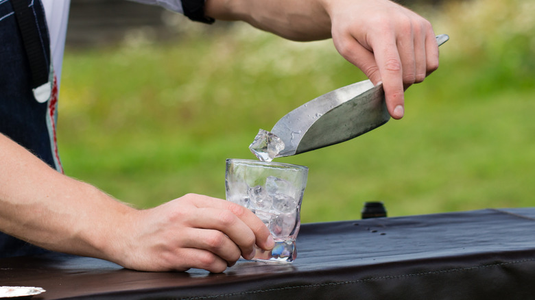 Bartender adding ice to a glass