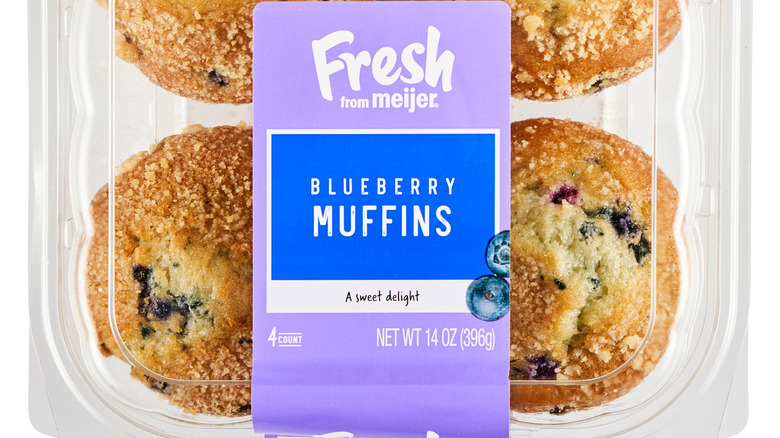 Four pack of Fresh from Meijer Blueberry Muffins in plastic clamshell container with visible label