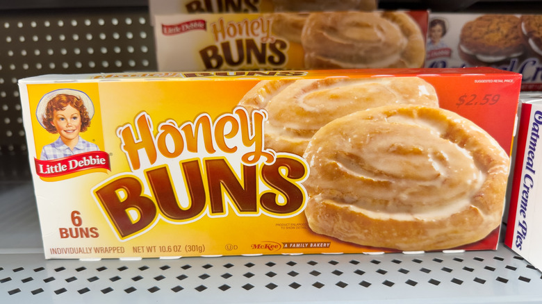 Box of Little Debbie Honey Buns at store on shelf