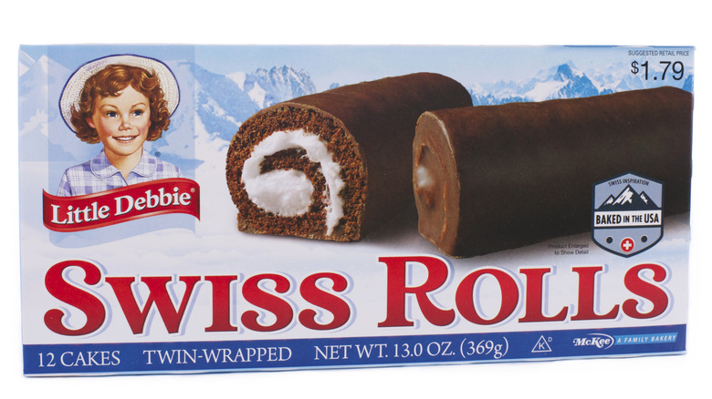 Box of Little Debbie Swiss Rolls on white background