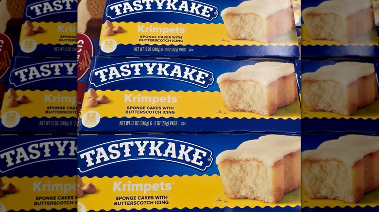 Stacked boxes of Tastykake Butterscotch Krimpets