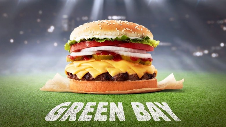 Green Bay Whopper burger from Burger King with several slices of cheese