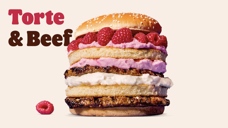 Torte-inspired German Burger King Whopper with layers of beef, raspberries, cake, and white and pink cream