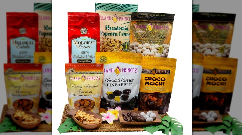 Six packages of Hawaiian snacks with some displayed in small bowls.