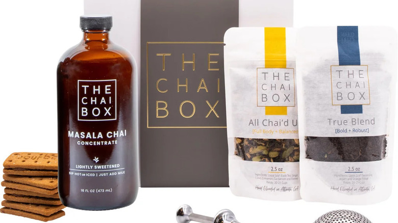The Chai Box gift set featuring chai concentrate and snacks.