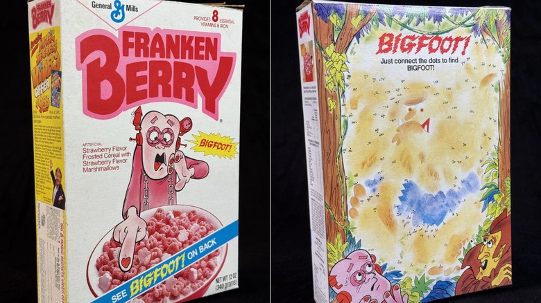 The front and back of the Franken Berry Bigfoot box sit against a black background.