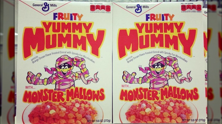 Two Fruity Yummy Mummy cereal boxes sit side by side.