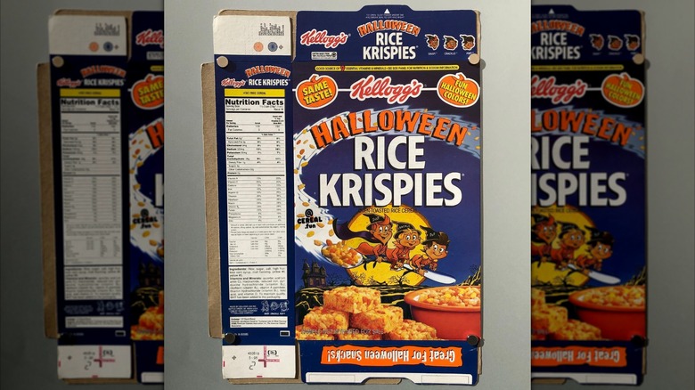 A flattened Halloween Rice Krispies box sits against a white background.
