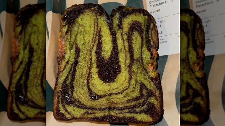 a Starbucks Chocolate Pistachio Loaf pictured on wrapper
