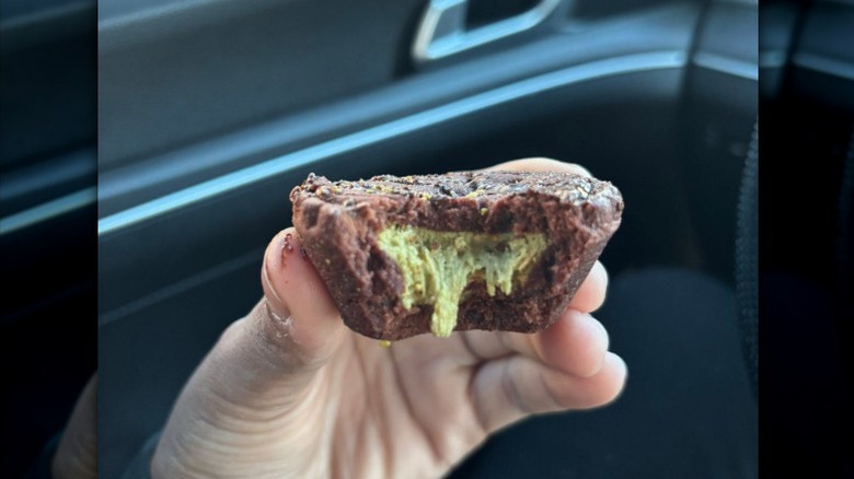 close up of a Starbucks Dubai Chocolate Bite with a bite taken out of it
