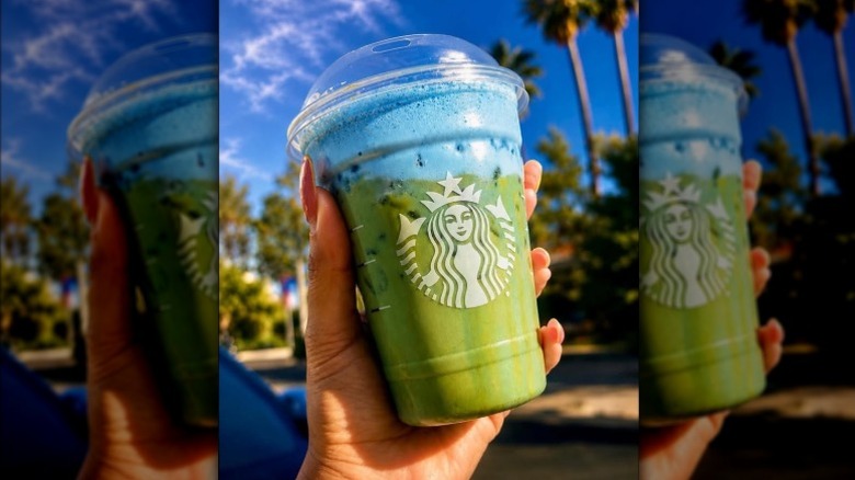 close up of. a woman holding Starbucks Iced Blue Coconut Matcha with sky in background