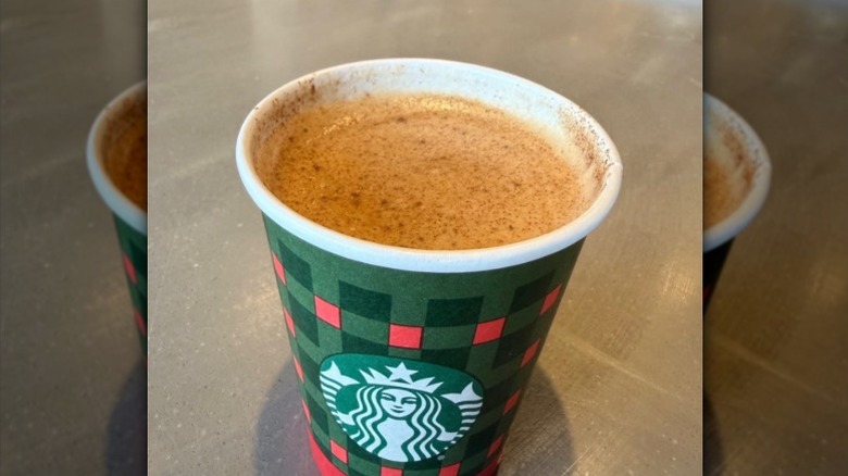close up of a Starbucks Pistachio Cortado on counter