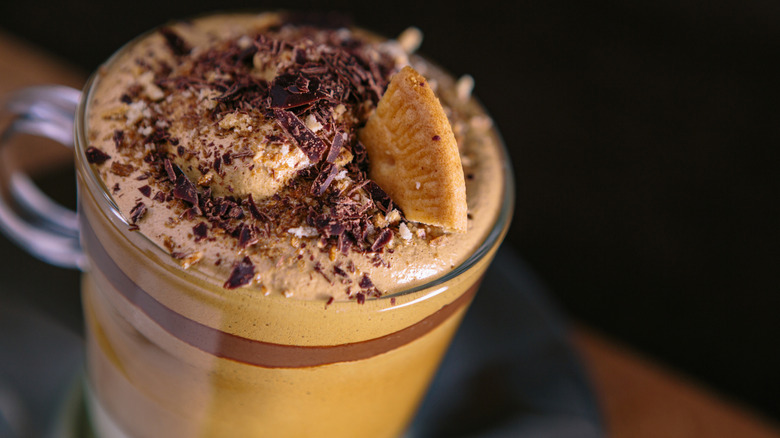 A chocolate garnished Dalgona coffee.
