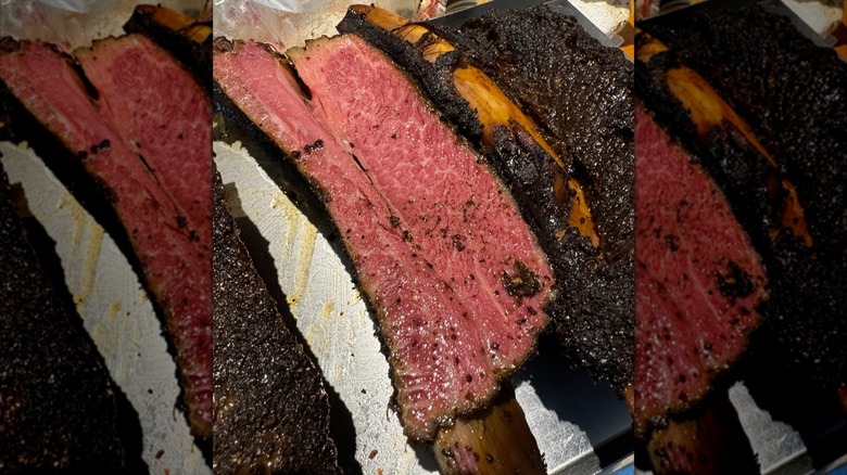 Pastrami beef ribs on a metal tray