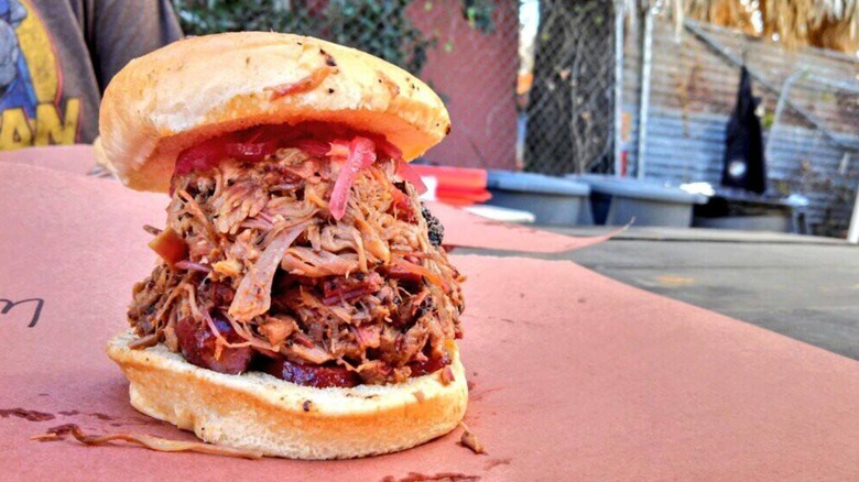 BBQ sandwich on paper outside