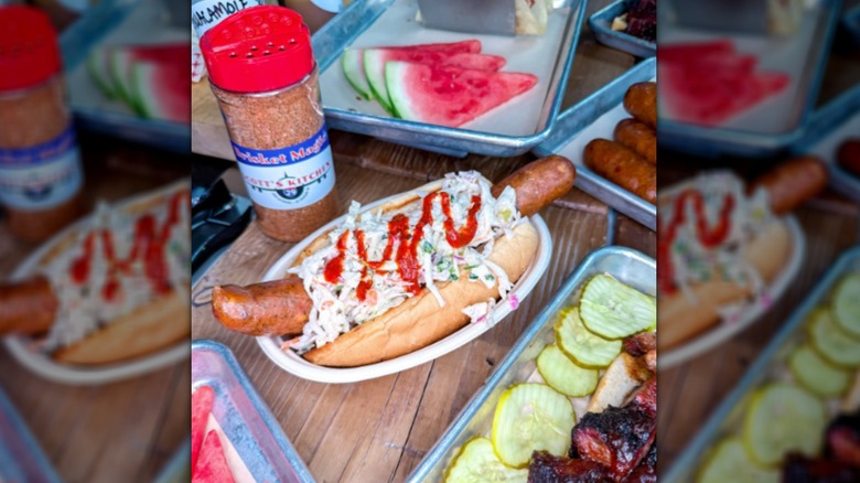 Ghost pepper sausage on hoagie roll with coleslaw