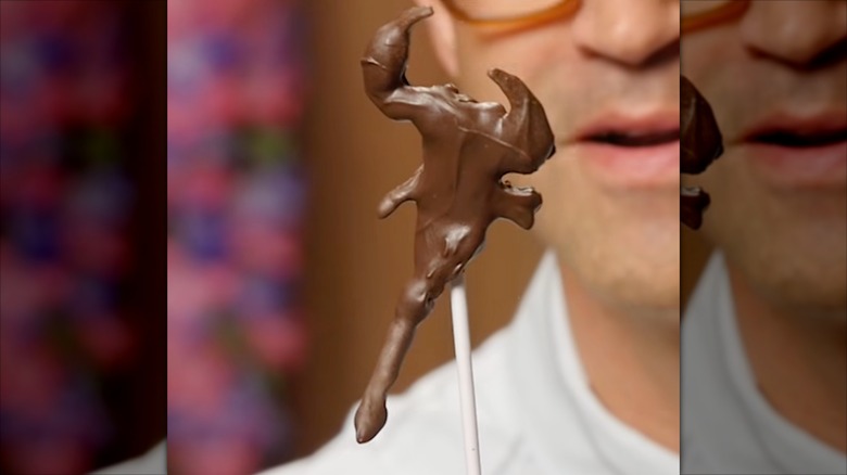 Person holding chocolate-covered scorpion on stick