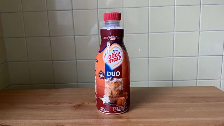 Coffee Mate Vanilla and Caramel Duo Creamer on wooden table