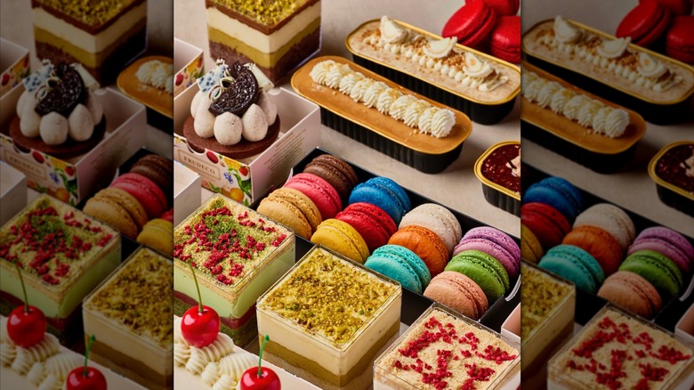 Colorful display of macarons and cakes from Frudeco