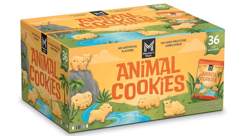 Box of animal cookies with images of cookies on cartoon landscape