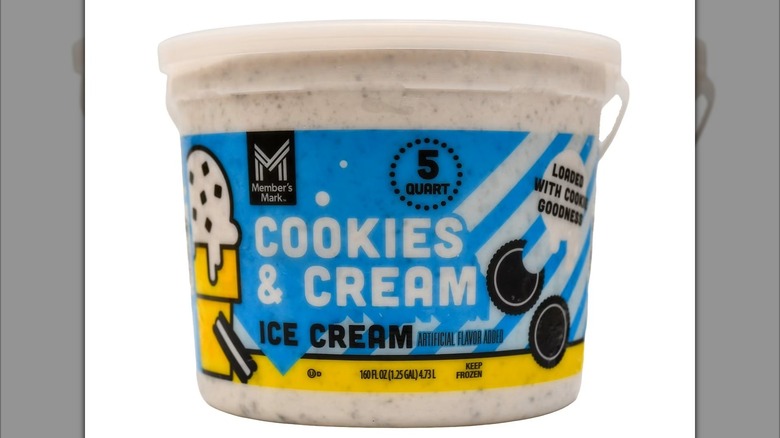 5-quart plastic tub of cookies and cream ice cream