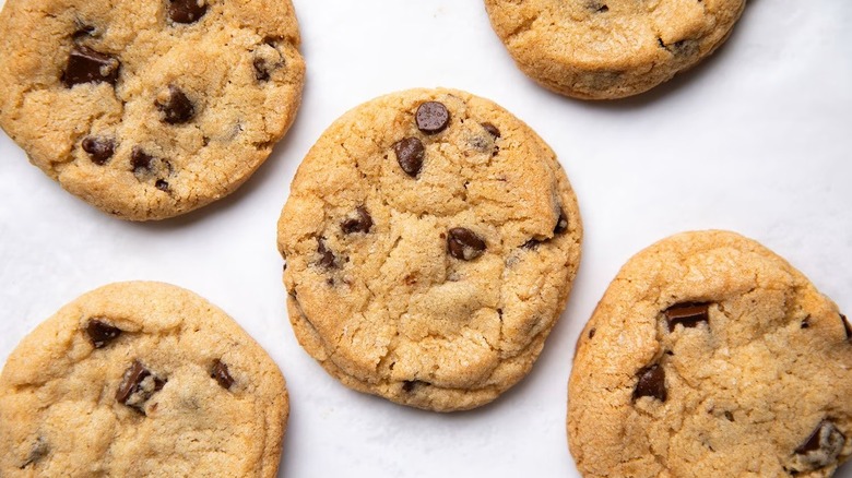 Overhead shot of five chocolate chip cookies