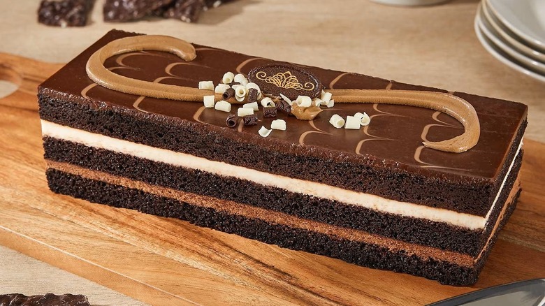 Chocolate layer cake with elegant decorations on top