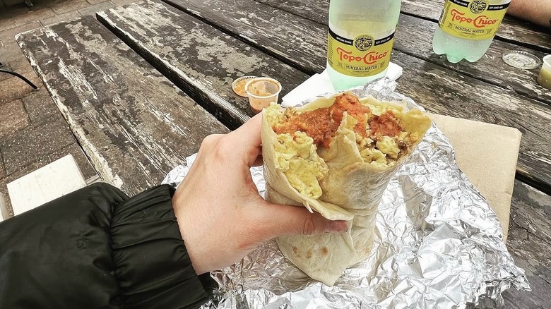 Breakfast burrito with sparkling waters