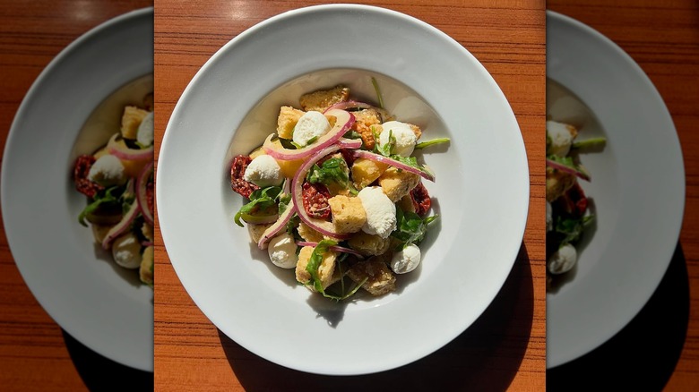 Top-down view of white pasta plate with bread cubes, burrata, red onions, sun-dried tomatoes, basil