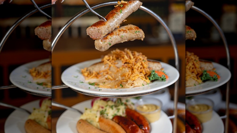 Tower of two plates with assorted sausages