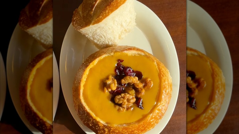 aerial view of a sourdough soup bowl from Boudin Bakery