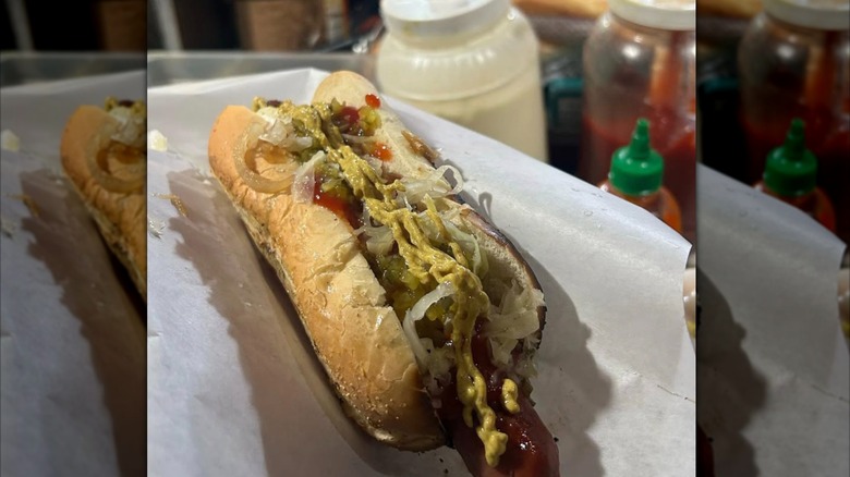 Seattle dog from Hawk Dogs wrapped in paper