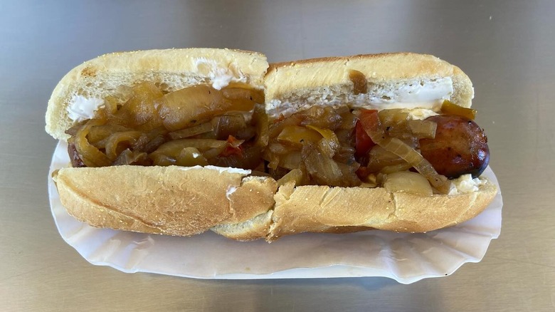 the Frankfurter's Seattle Dog on a stainless steel table