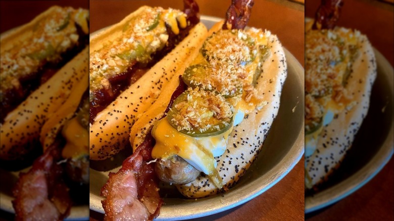 close up of The Red Hot's jalapeno cheddar brat