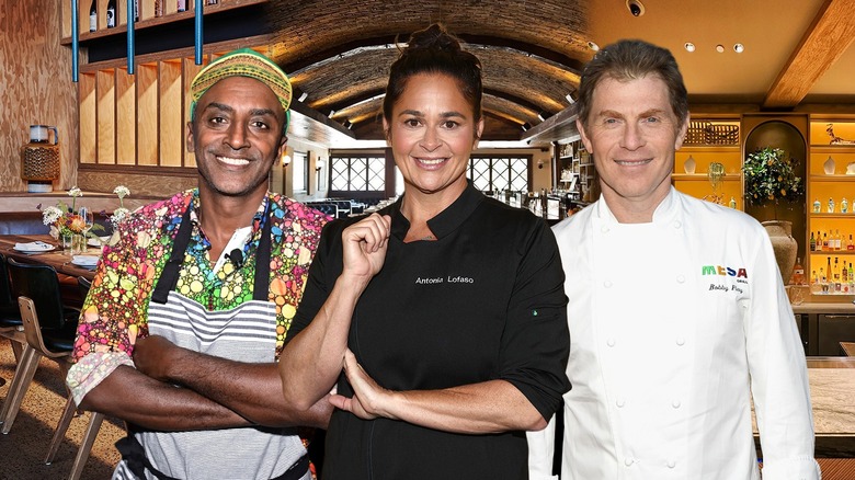 Food Network stars Marcus Samuelsson, Antonia Lofaso, and Bobby Flay with their restaurants in the background