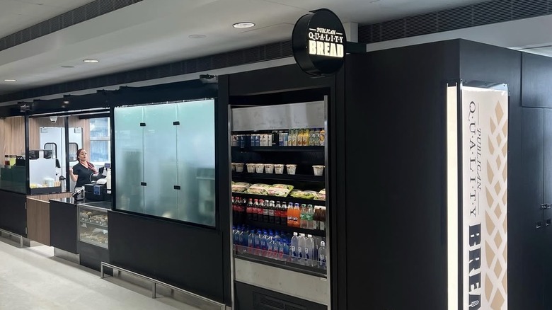 Beverage and snack cooler at Publican Quality Bread kiosk in the O'Hare terminal