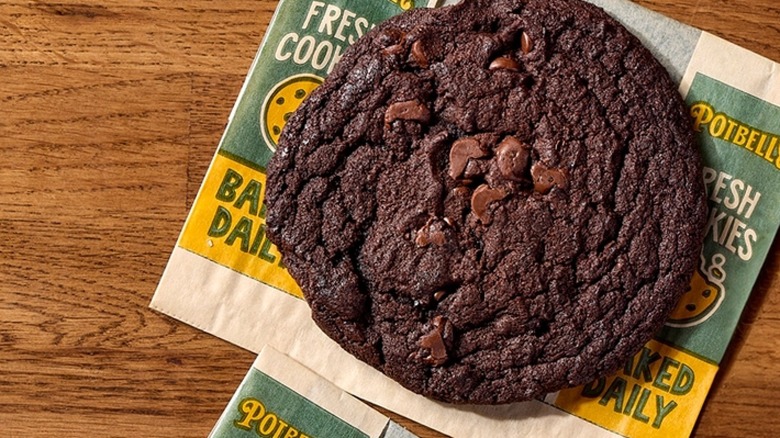 A double chocolate cookie from Potbelly Sandwich Works sitting on top of its wrapper