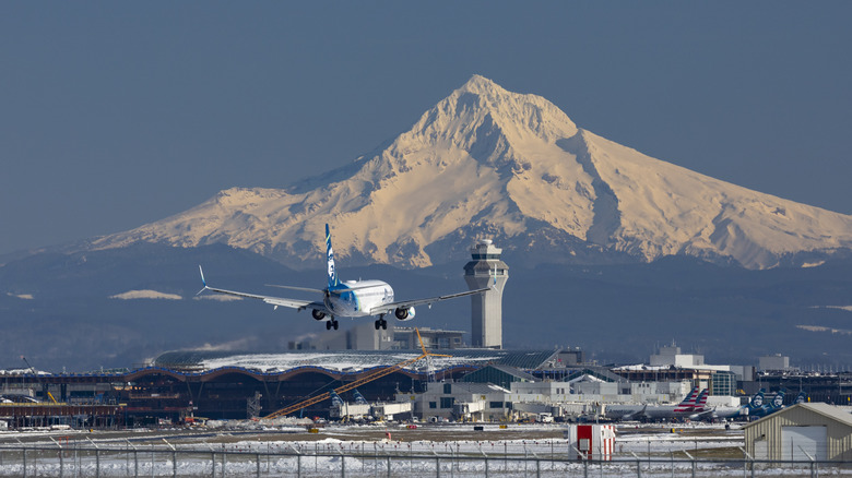 Airplane lands at PDX with Mount Hood in the background