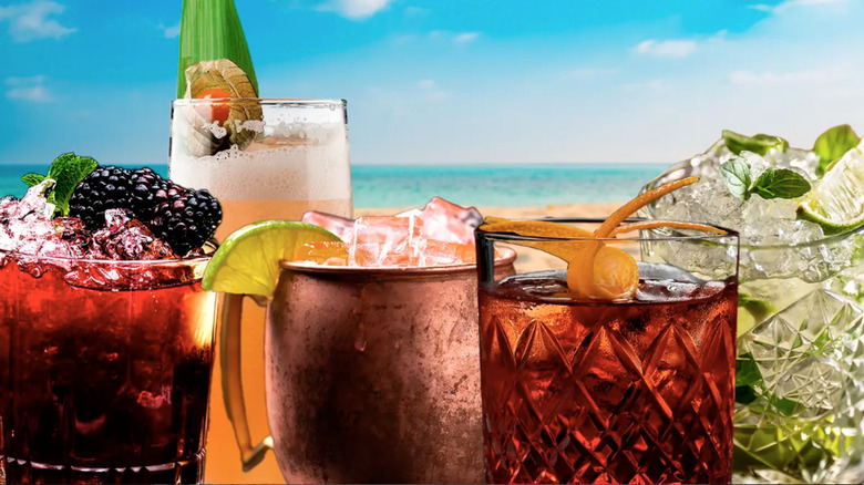 Assortment of cocktails on beach