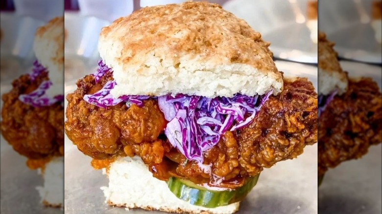 Nashville hot chicken biscuit with slaw and pickle