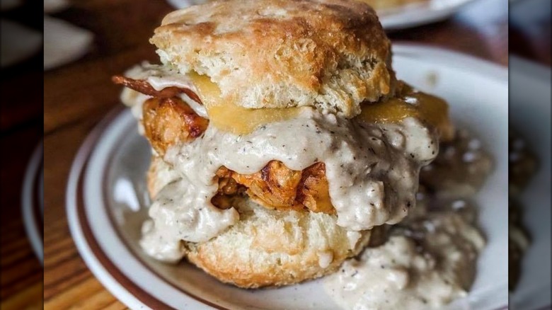 Reggie Deluxe fried chicken biscuit with gravy