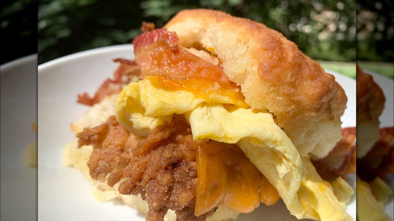 Fried chicken biscuit with egg and bacon
