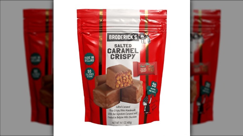 Broderick salted caramel crispy milk chocolate bars in a branded bag.