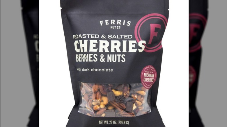 Ferris Nut Co. roasted & salted cherries berries & nuts with dark chocolate in branded black plastic bag.