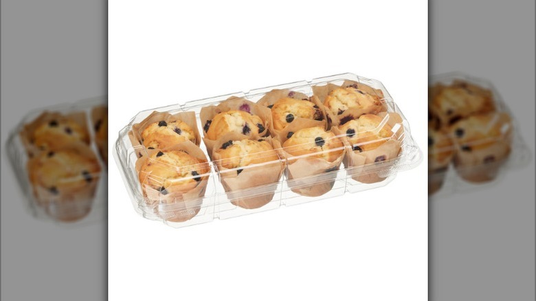Costco Kirkland Signature bluberries and cream muffins in a plastic container.