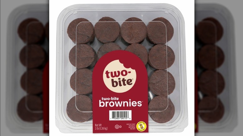 Two-Bite brownies in clear plastic bakery container with branded wrapper.